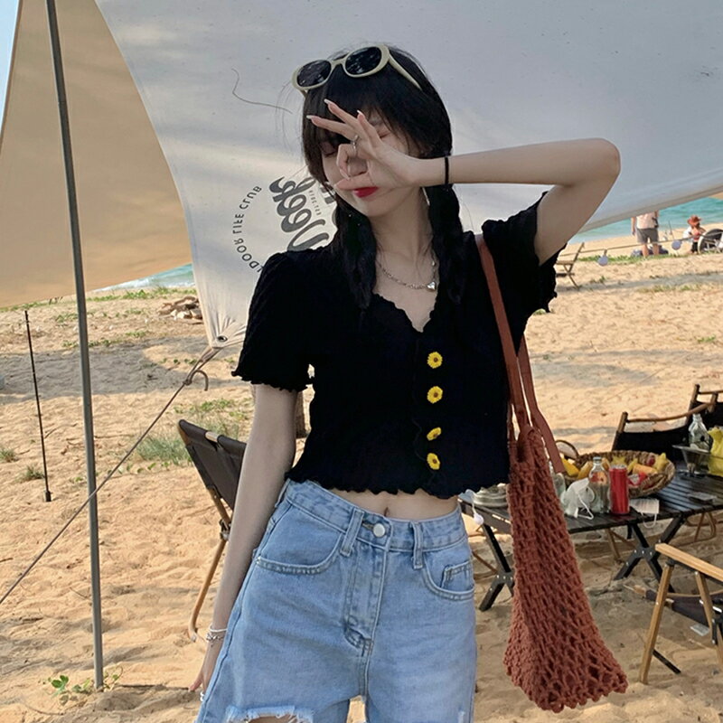 辣妹短款正肩v領白色短袖t恤設計感小眾上衣夏季女裝2022年新款潮 3