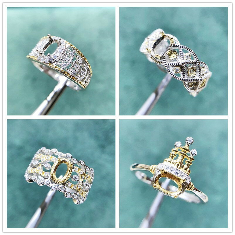 精工S925純銀蕾絲活口戒指空託女橢圓4*6MM5*7MM未鑲嵌寶石18K二