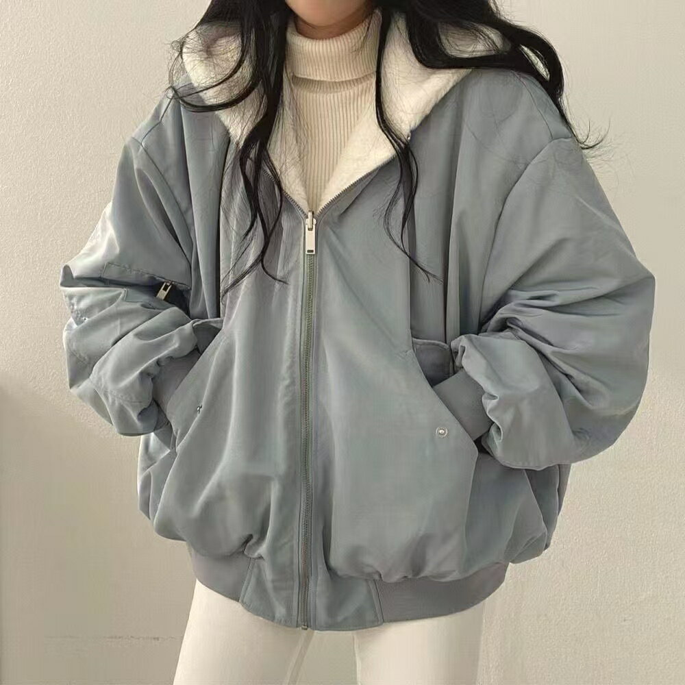【臺灣出貨】新款百搭韓版大尺碼秋冬外套女 雙面連帽外套 雙面兩用可穿 絨毛外套 羊羔毛絨長袖上衣女