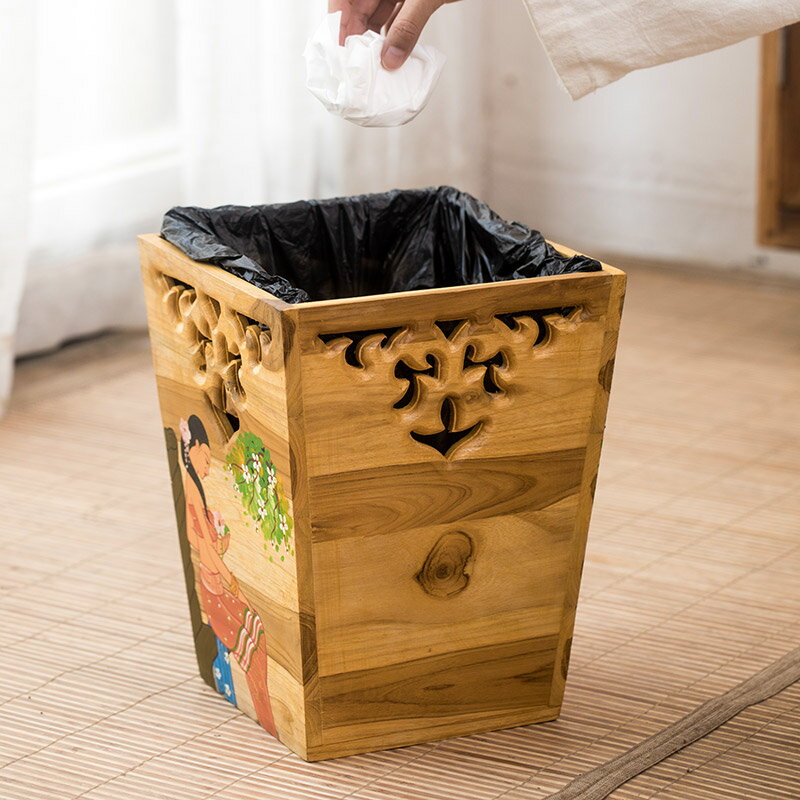 異麗泰國田園創意家用實木垃圾桶 客廳臥室手工彩繪垃圾桶紙簍