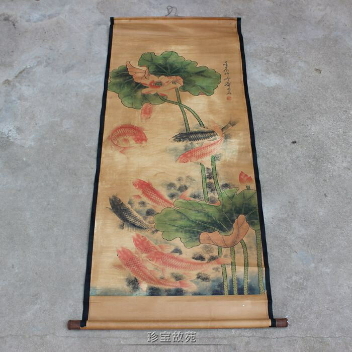 仿古字畫國畫風景圖卷軸畫荷花九魚圖客廳書房辦公室中堂裝飾掛畫