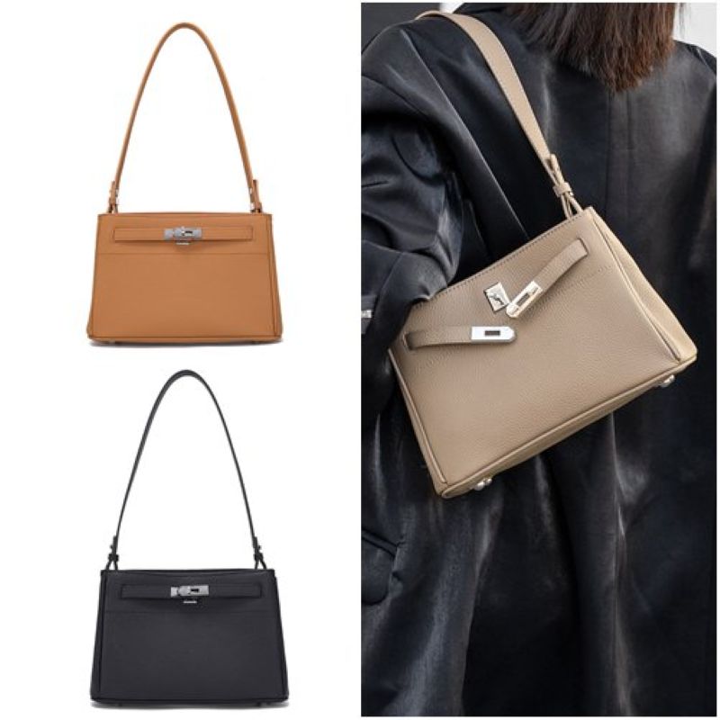 【米蘭精品】現貨+預購 真牛皮側背包手提包真皮革斜背包單肩包托特包隨身包-真皮時尚鎖扣女包包3色74mk81