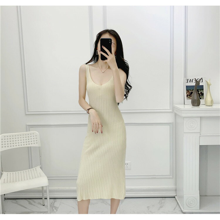 新夏季女裝韓版簡約純色性感深V領修身顯瘦無袖針織背心裙