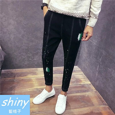 文藝港仔風．夏季個性潑漆哈倫束腳小腳九分牛仔褲- shiny藍格子【Y135】