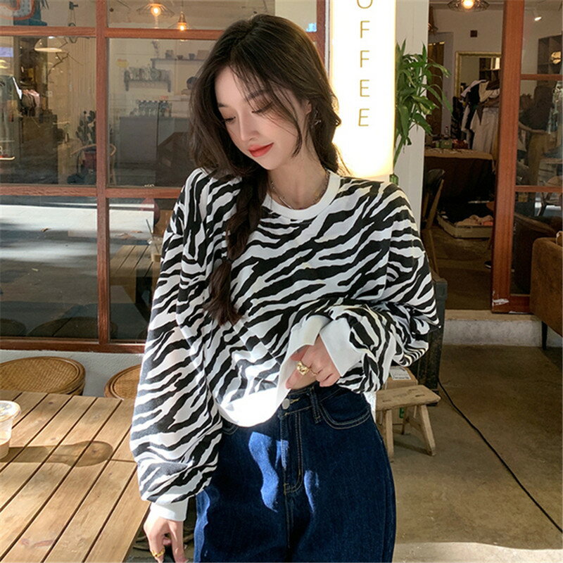 斑馬豹紋長袖衛衣女裝春秋季ins設計感短款高腰寬松薄款上衣
