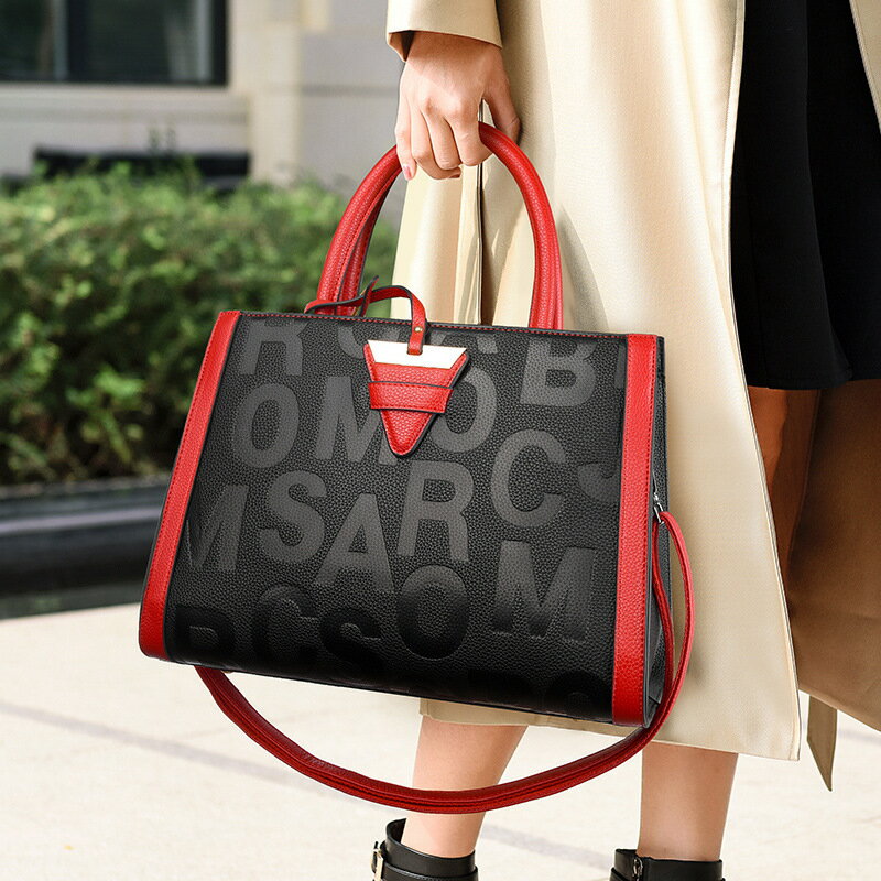 【喜挖】手提包歐美復古字母壓花女包大容量通勤手提單肩包女