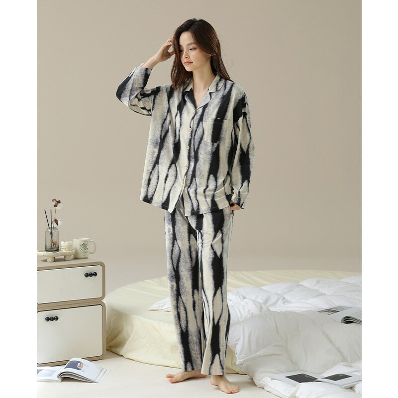 【巴黎精品】睡衣套裝長袖居家服-翻領暈染直紋情侶男女休閒服2款w1ad66