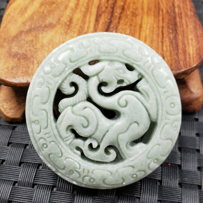 精美天然玉石貴州翠仿古龍掛件雙面雕刻鏤空古龍吊墜玉牌子車掛