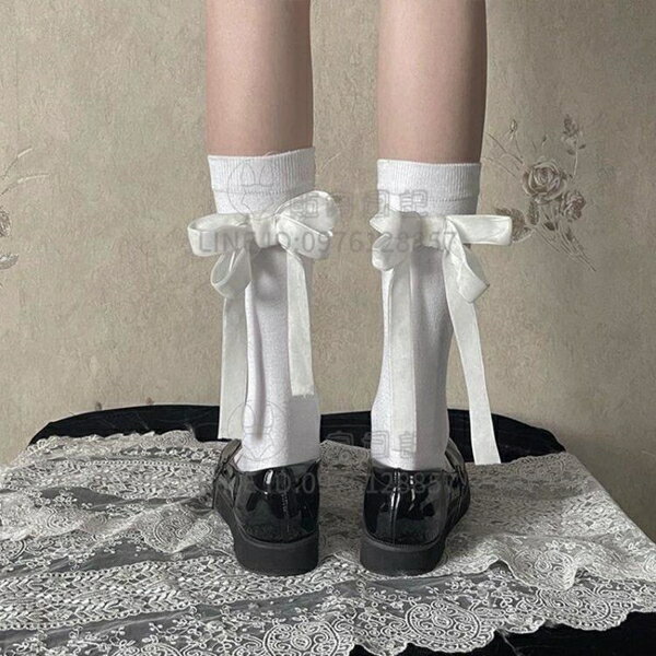 小腿襪后跟植絨蝴蝶結Lolita甜美日系中筒棉襪黑白色兩色可選【倪醬小鋪】
