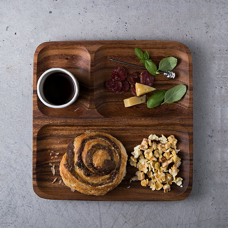 朵頤日式復古相思木分格早餐盤家用長方形水果點心盤早餐托盤茶盤1入