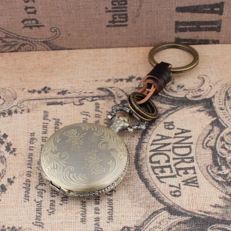 大號石英懷表牛皮繩編制雙面花經典復古古銅鑰匙圈扣
