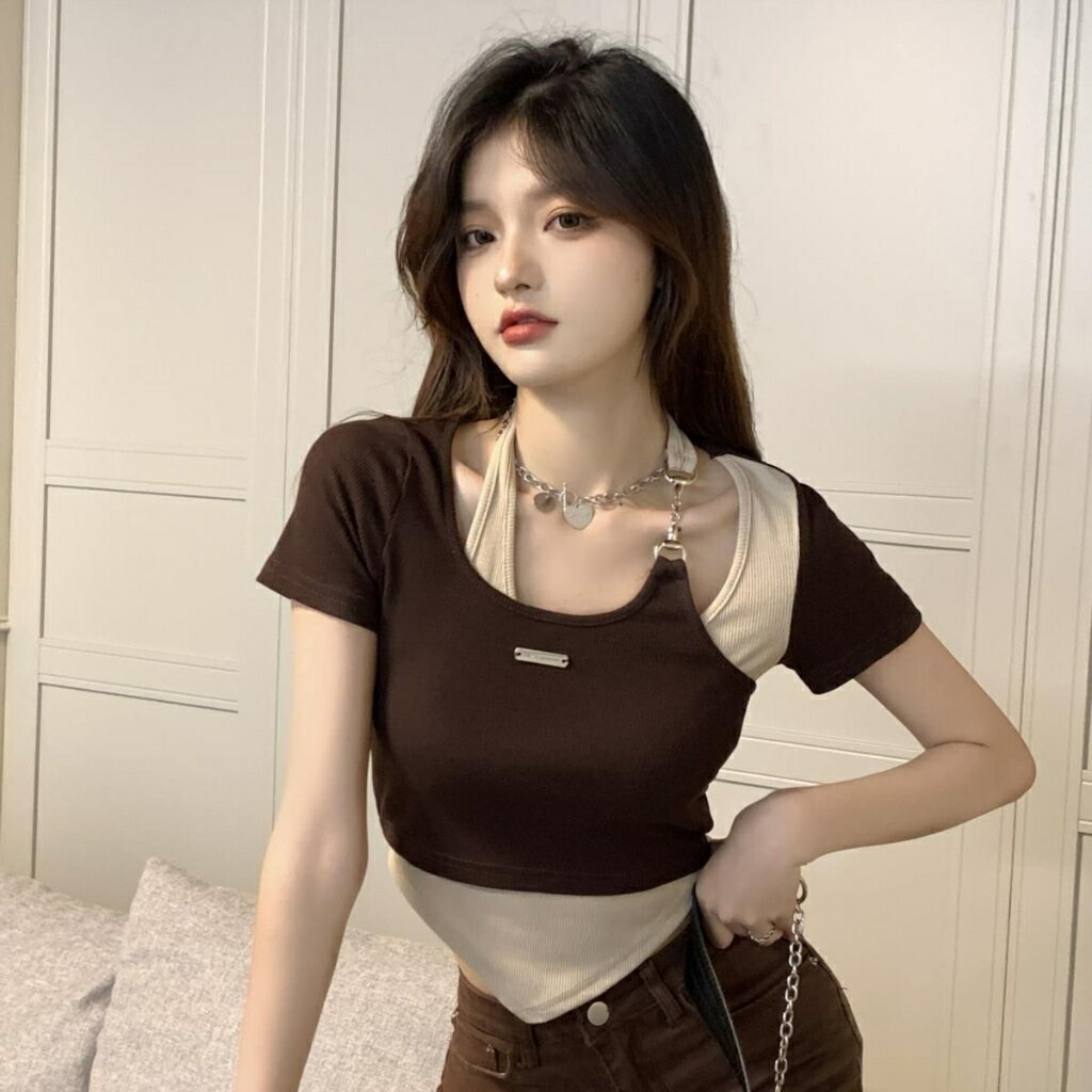 FUXI 不規則假兩件掛脖短袖t恤女 辣妹設計感上衣 短版上衣 夏季短袖 女裝 衣服