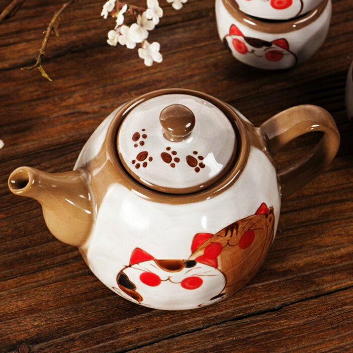 招財貓陶瓷手繪貓咪圖案茶壺組 招財貓茶壺 貓咪茶杯 泡茶用陶瓷茶壺 清酒杯 日式和風萌貓功夫茶杯 家用泡茶壺 陶瓷茶杯 茶具組 7