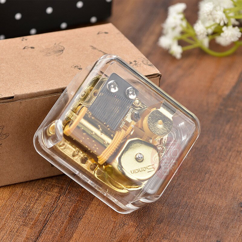 透明鍍金發條機芯亞克力方形音樂盒創意贈送禮品八音盒家居擺件