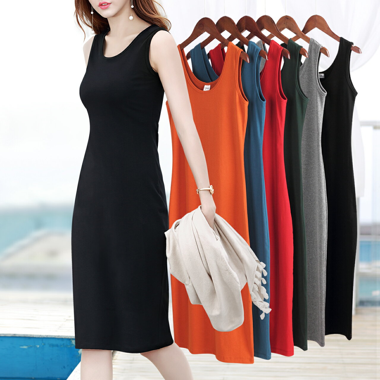 長版襯裙 吊帶裙 打底裙 黑色無袖內搭打底洋裝子大碼中長款螺紋吊帶背心長裙女夏季外穿『cyd20831』