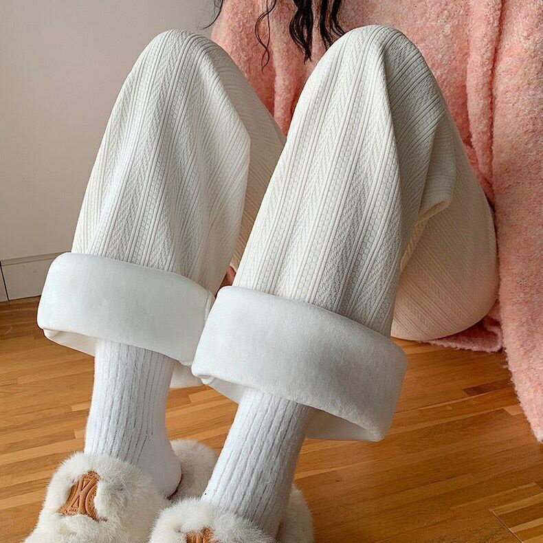 麥穗紋雪尼爾褲子女秋冬季保暖加絨加厚燈芯絨寬鬆潮ins高街大碼高腰闊腿褲垂墜感刷毛加厚休閒褲簡約女褲寬褲