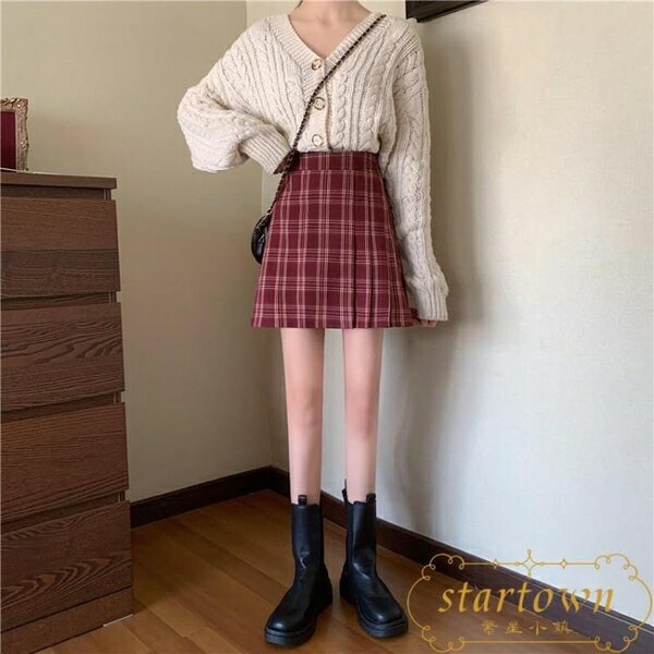 格子半身裙女韓版不規則百褶裙子大碼短裙【繁星小鎮】