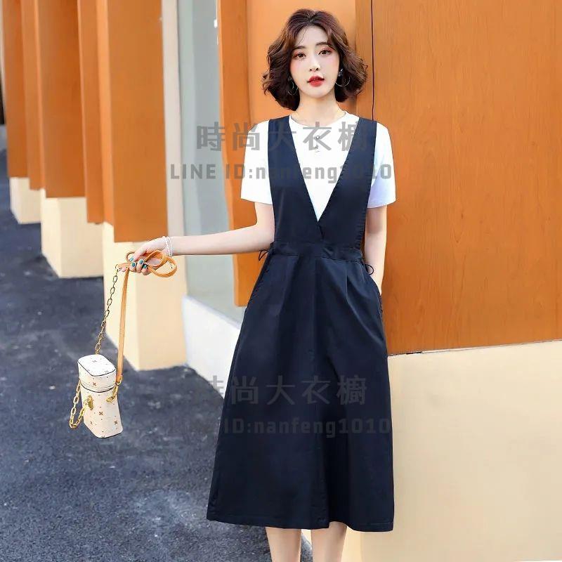 兩件式短袖裙裝套裝短袖t恤背帶裙純棉寬鬆顯瘦中長款過膝大碼連身裙【時尚大衣櫥】 6