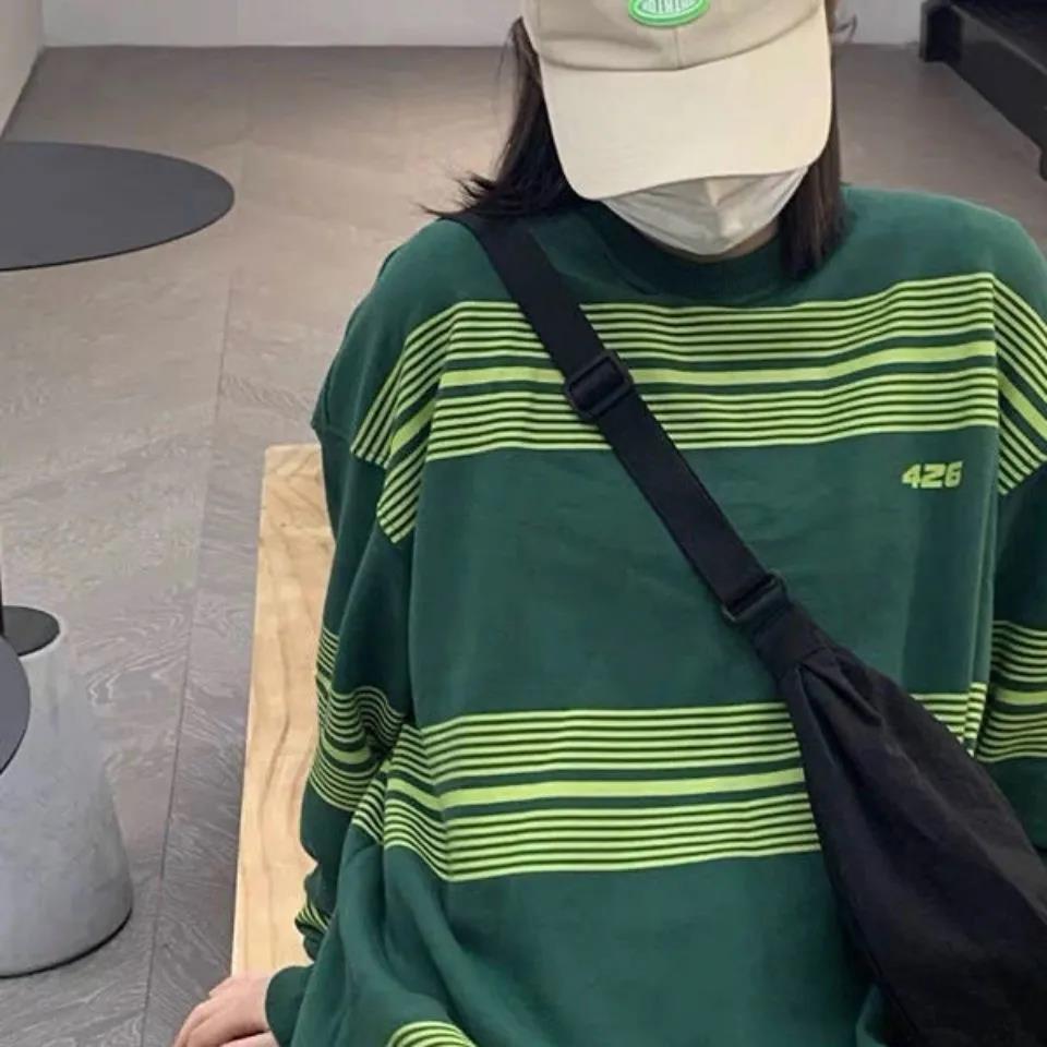 長袖T恤情侶條紋衛衣女潮美式復古寬松時尚百搭慵懶風上衣新款