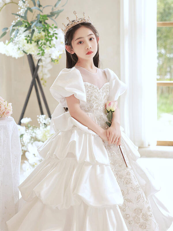 兒童禮服公主裙高階洋氣花童生日宴女童婚紗主持人鋼琴演出服白色