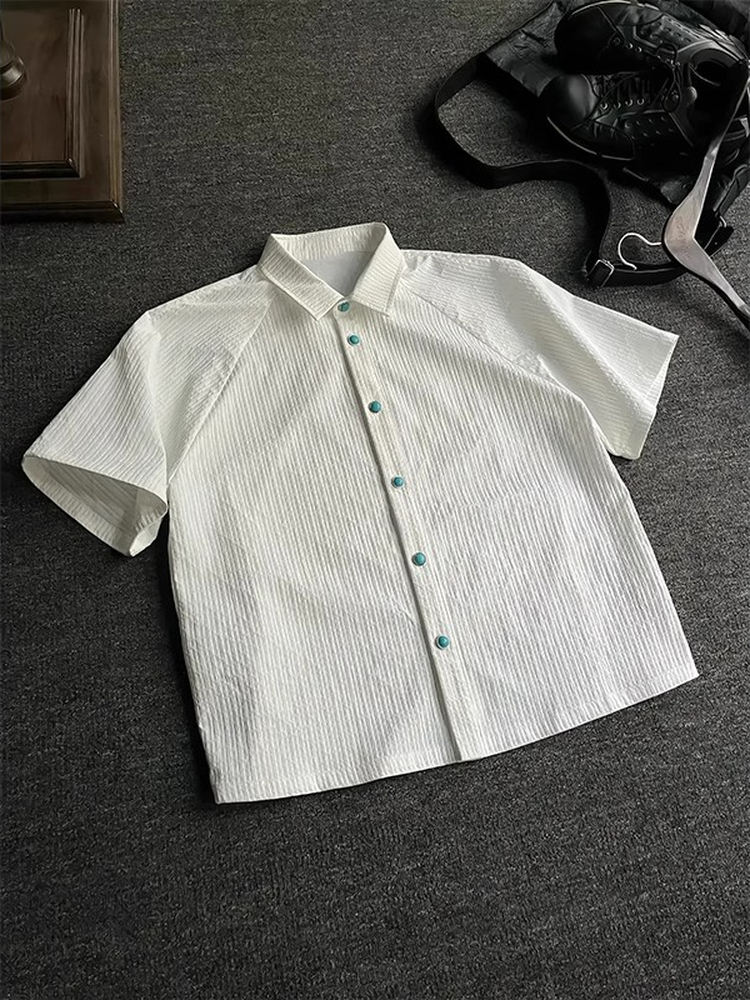 老錢風boxy版型短袖襯衫男女cleanfit夏季新款綠松石寬鬆百搭襯衣