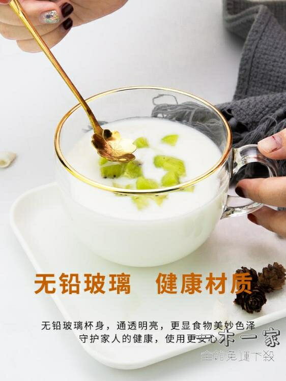 早餐杯 大容量金邊玻璃杯子家用水杯女帶把燕麥牛奶早餐杯帶蓋勺咖啡茶杯
