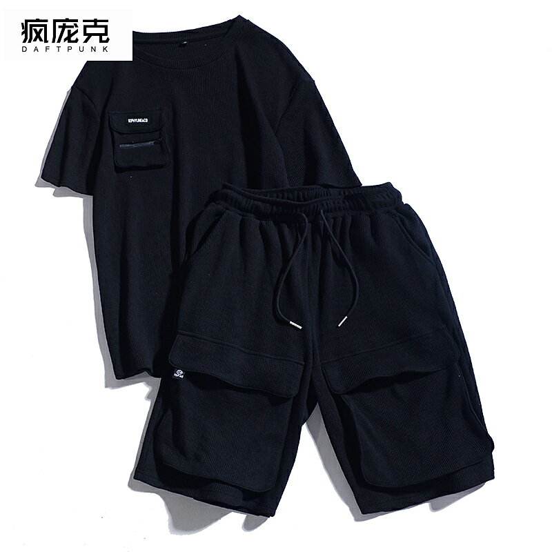 華夫格短袖套裝男女夏季潮牌運動服上衣ins潮港風休閑短褲兩件套