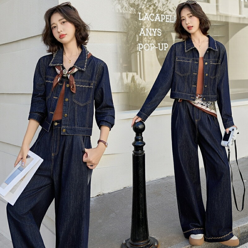 【巴黎精品】現貨+預購 韓風牛仔套裝牛仔外套牛仔褲丹寧夾克女裝-休閒港風牛仔絲巾兩件套a1ln41