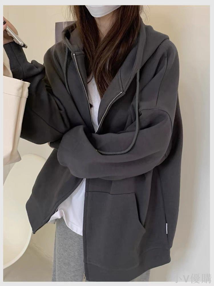 小V 外套女潮ins秋冬季裝韓版連帽寬松百搭學生2024新款長袖加絨衛衣時尚外套 防風外套 女生外套 秋冬外套