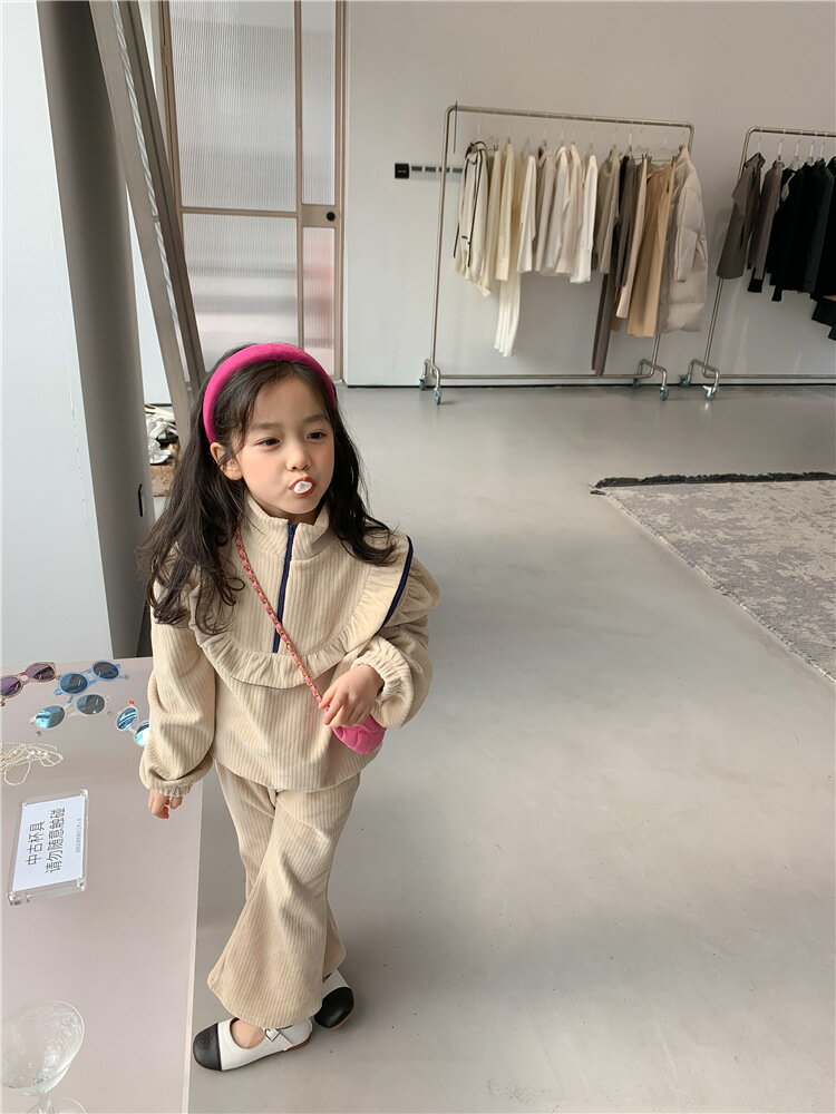 女童休閑套裝2022春季新款童裝兒童韓版洋氣時髦上衣喇叭褲兩件套