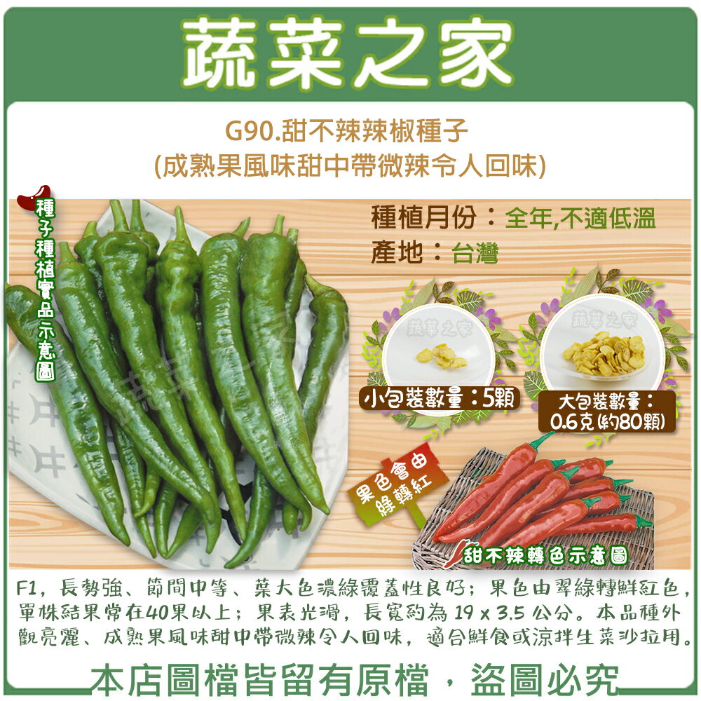 【蔬菜之家】G90.甜不辣辣椒種子5顆、 0.6克(約80顆)(成熟果風味甜中帶微辣令人回味)