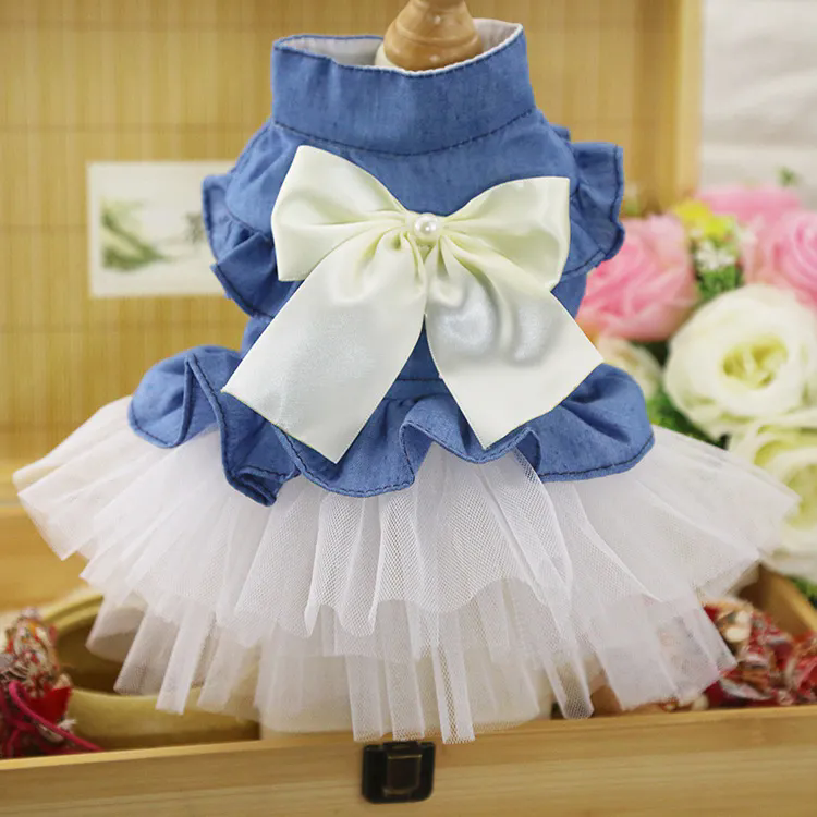 寵物衣服 春夏寵物蝴蝶結牛仔紗裙 泰迪博美狗狗服飾 貓咪公主衣服 寵物婚紗裙 小中型犬衣服【不二雜貨】