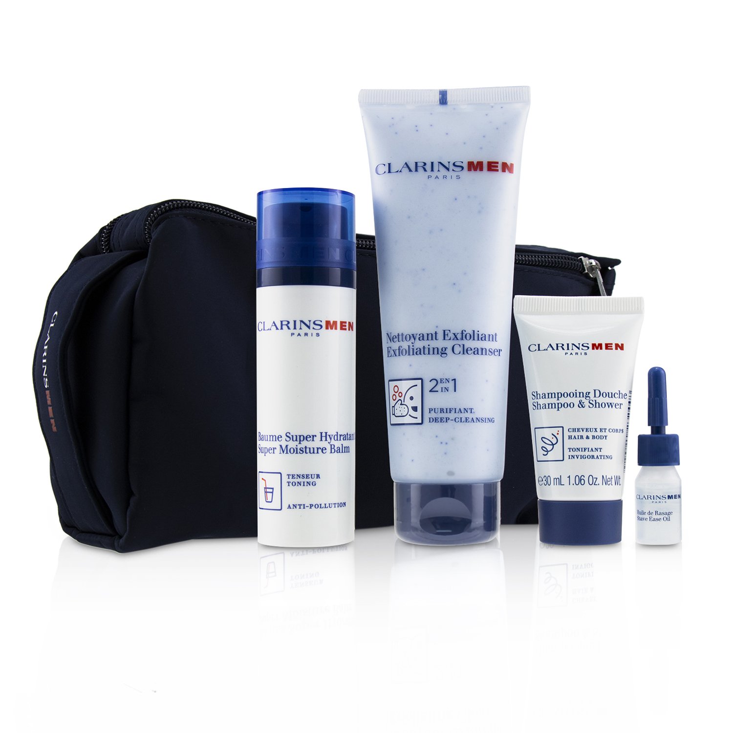 克蘭詩 Clarins - 日常護理組合: 1x 磨砂潔面啫喱 125ml + 1x 極效保濕霜 50ml + 沐浴洗髮露 30ml + 剃鬚精油 3ml