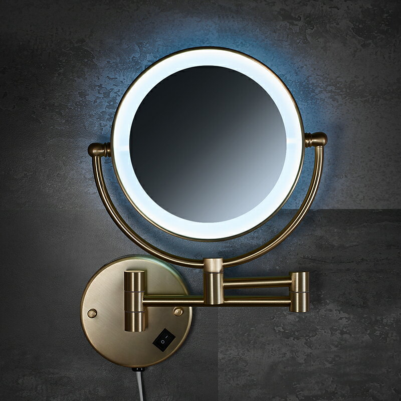北歐黃銅化妝鏡LED燈雙面補光壁掛伸縮可折疊浴室酒店放大美容鏡