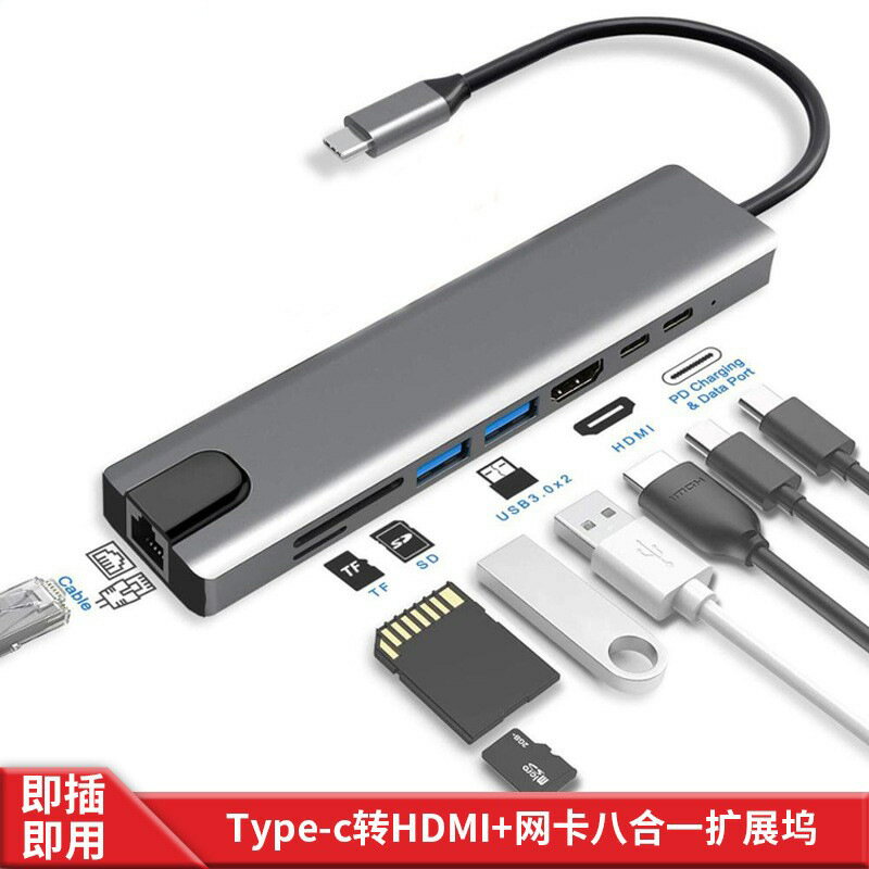 【八合一擴充套件】Type-C擴充套件塢 HDMI轉接器 RJ45網絡卡 讀卡器 集線器 Hub 多功能轉接頭 4K高畫質輸出 隨插即用 筆電平板通用