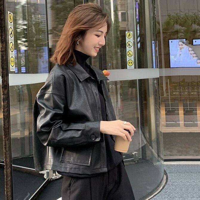 韓版大口袋PU皮衣 夾剋外套女 秋季機車服女 秋冬騎行外套 學生寬鬆短款外套