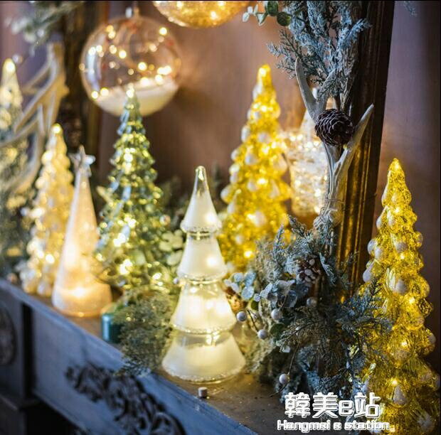 掬涵玻璃聖誕樹裝飾家用桌面擺件閃亮發光小夜燈新年派對櫥窗INS 全館免運