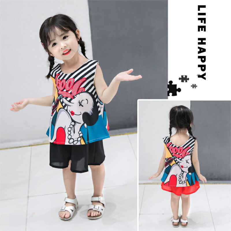 童裝女童夏裝新款洋氣套裝兒童韓版時尚背心短褲雪紡兩件套潮 1