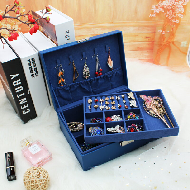 雙層木質首飾盒公主歐式韓國帶鎖耳釘耳環項鏈首飾收納盒飾品盒大