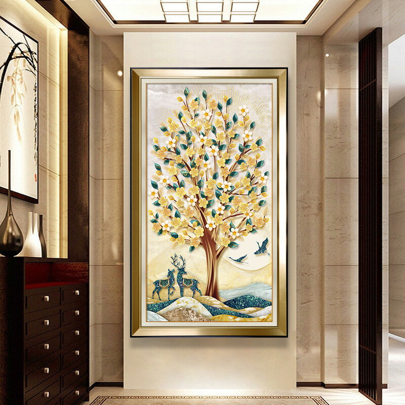新款現代中式客廳餐廳臥室背景墻5d鉆石畫十字繡發財鹿發財樹