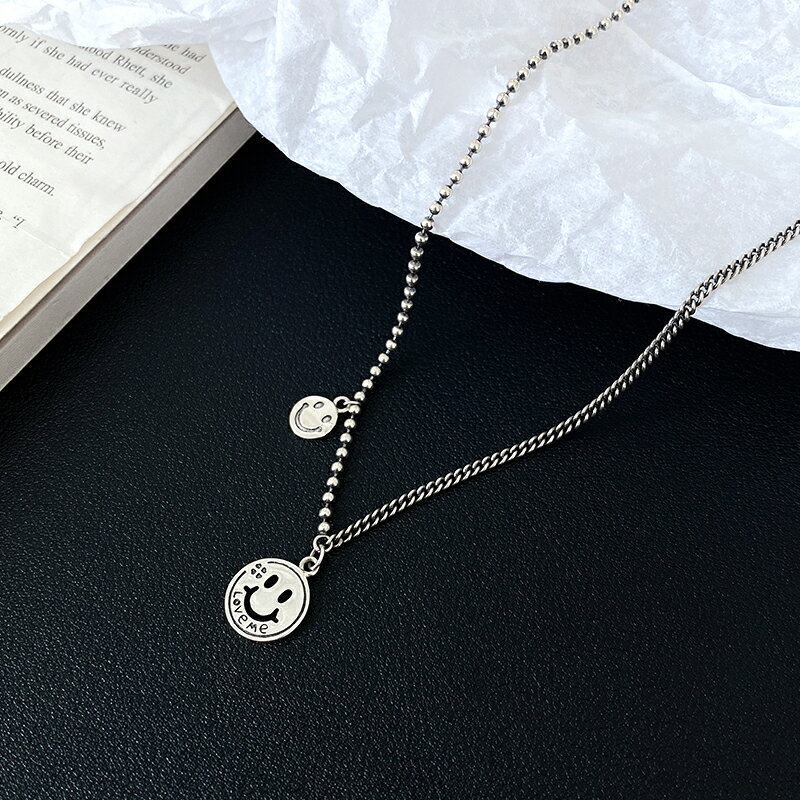 925純銀圓牌笑臉項鏈女年新款潮微笑鎖骨鏈ins冷淡風復古頸鏈 1