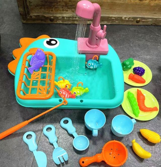 兒童洗碗機玩具水龍頭出水親子電動磁力過家家釣魚恐龍洗菜盆跨境