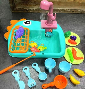 兒童洗碗機玩具水龍頭出水親子電動磁力過家家釣魚恐龍洗菜盆跨境