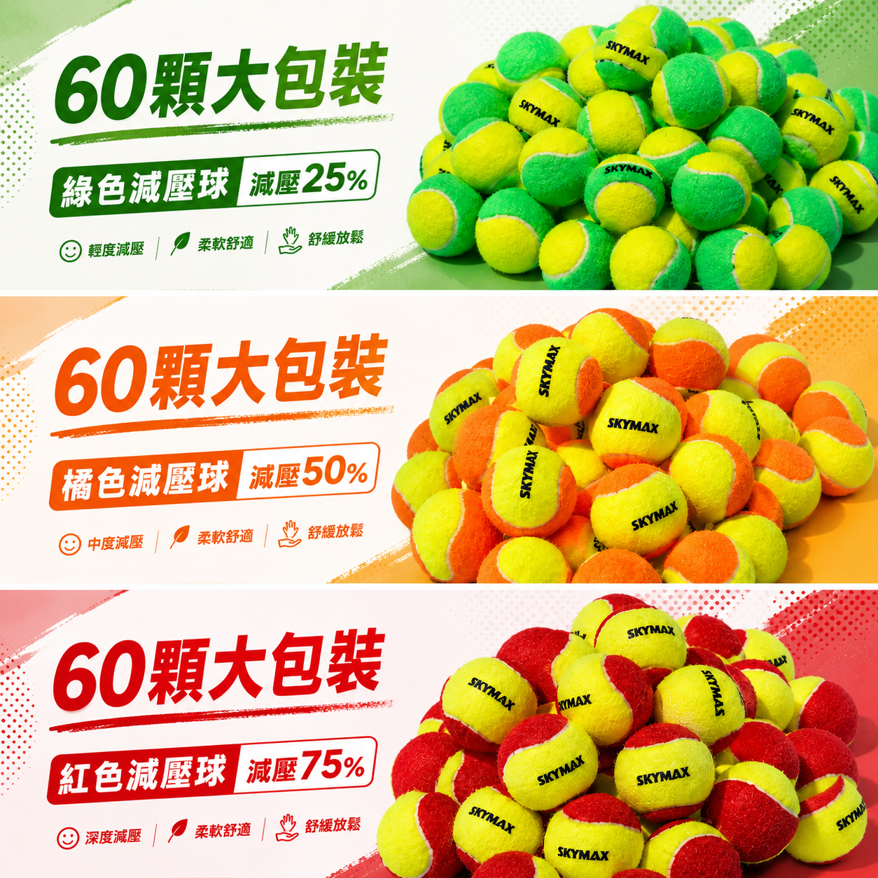 SKYMAX 網球 減壓球 3種等級 兒童&新手入門專用~60顆/袋