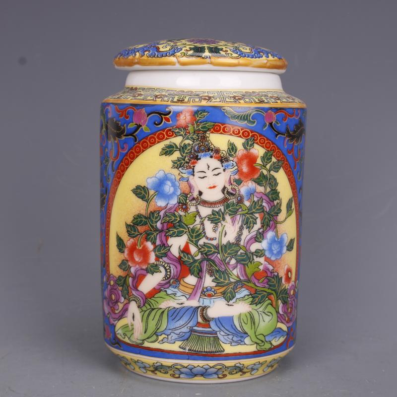 清乾隆琺瑯彩人物紋茶葉罐仿古中式瓷器家居博古擺件古董古玩收藏1入