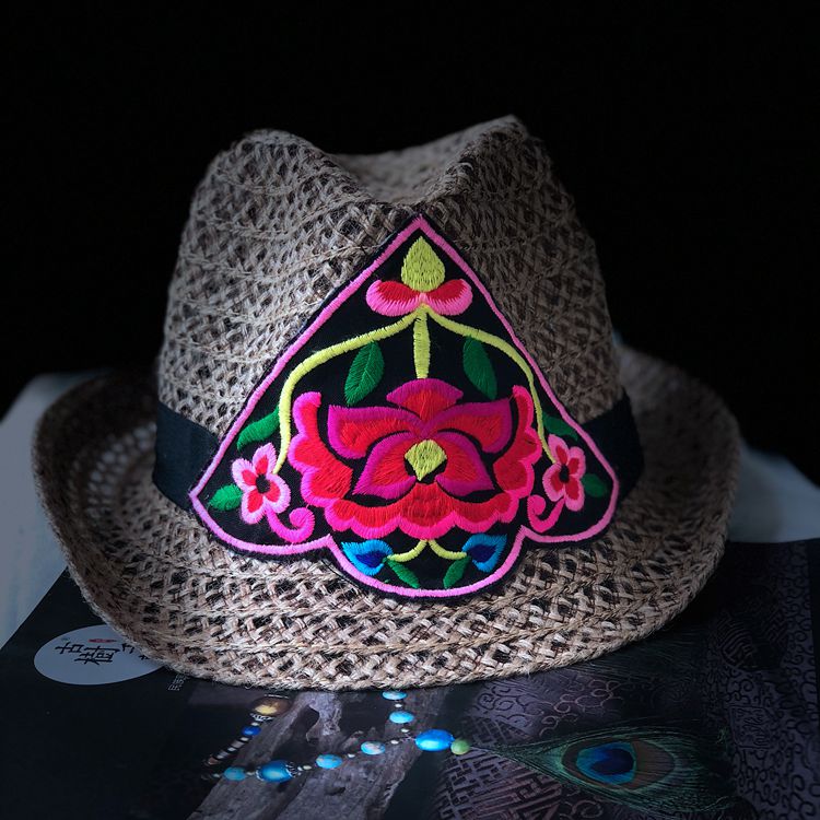 夏季新民族風刺繡花草帽復古遮陽太陽帽女士沙灘帽禮帽爵士帽盆帽
