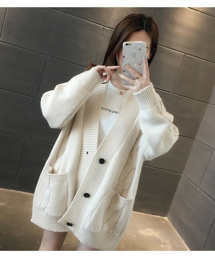 女裝 外套 韓系風 氣質上衣 韓版   春秋新款慵懶風V領麻花針織衫寬鬆外穿女裝開衫V領百搭毛衣外套潮 治裝激推 6