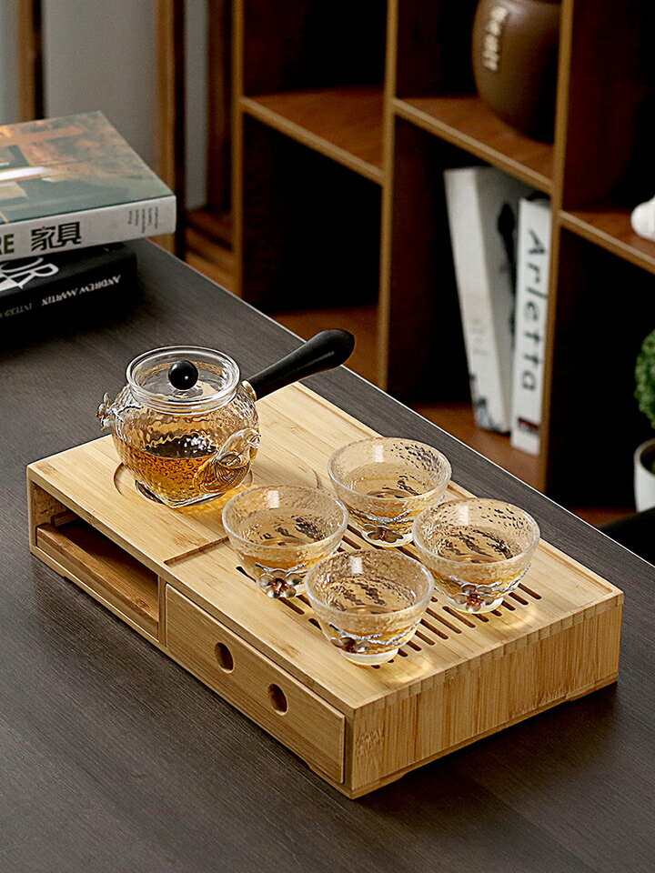 整套日式竹制溫茶器茶壺蓋碗套組家用耐熱玻璃茶杯蠟燭加熱暖茶盤