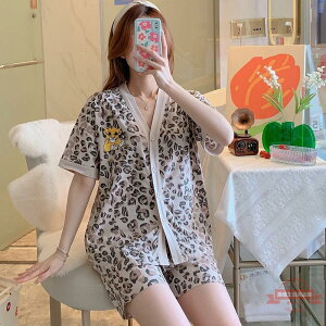 韓國ins高級感豹紋冰絲睡衣女夏季學生可愛短袖短褲兩件套家居服