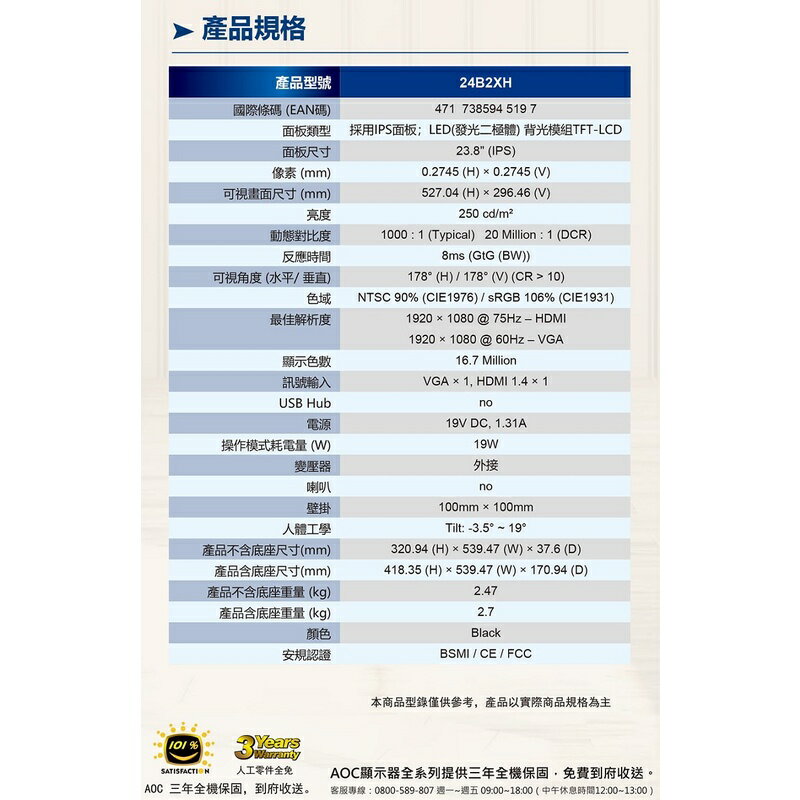 領券最高折300】AOC 24B2XH 24型IPS窄邊框廣視角螢幕/支援VGA、HDMI